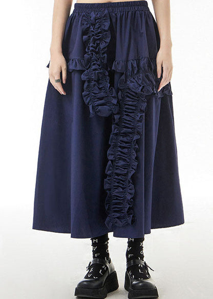 Blue Loose a Line Skirts Ruffled Elastic Waist Spring