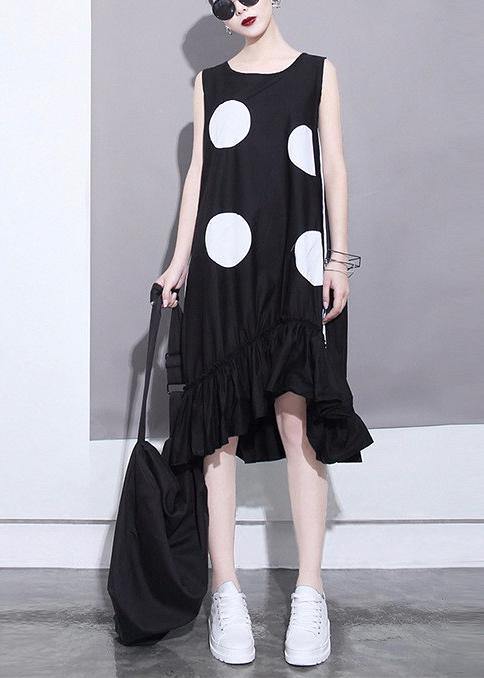 Summer Woman Black Sleeveless Large Dots Patches Ruffle Hem Straight Sundress