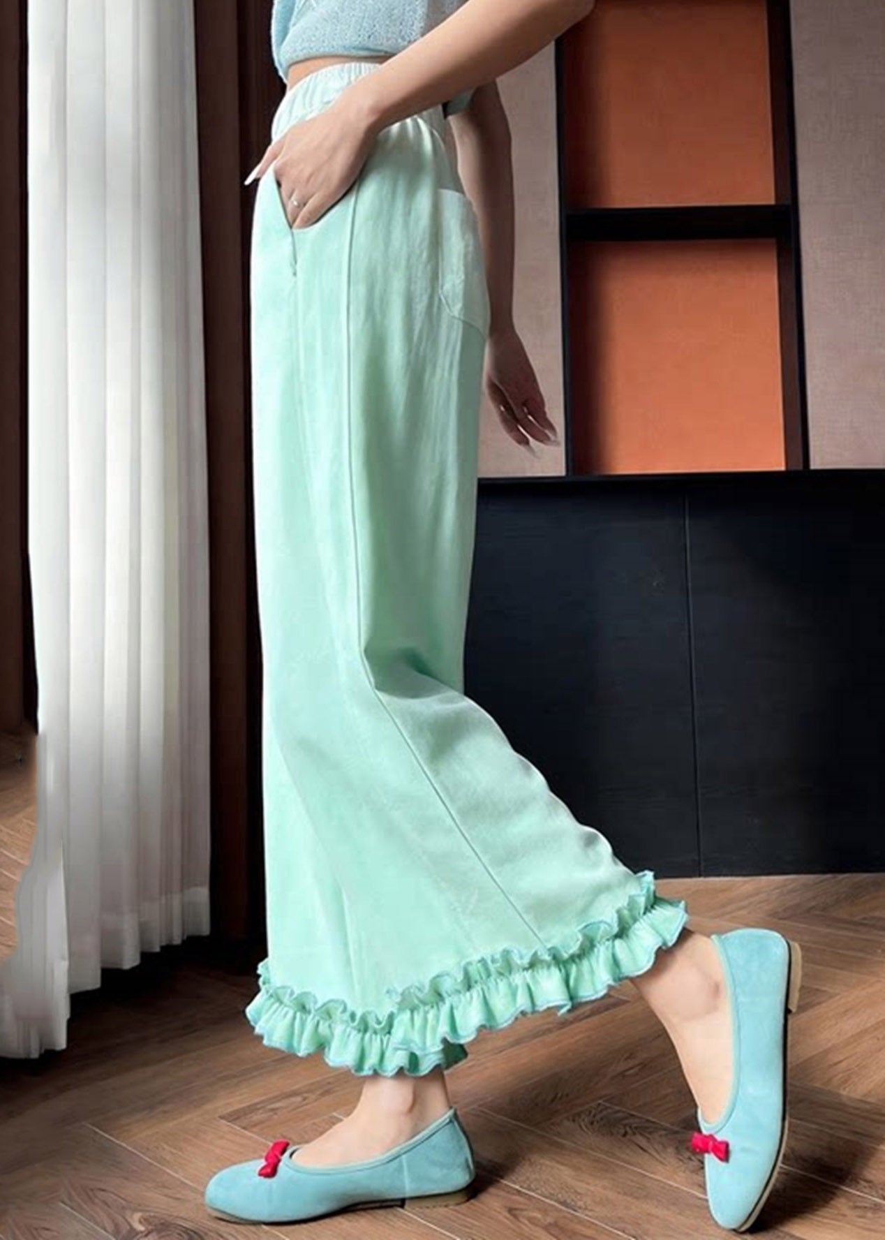 Light Green Ruffled Patchwork Wide Leg Pants Summer