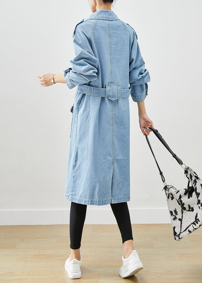 Italian Light Blue Notched Tie Waist Denim Trench Coat Spring