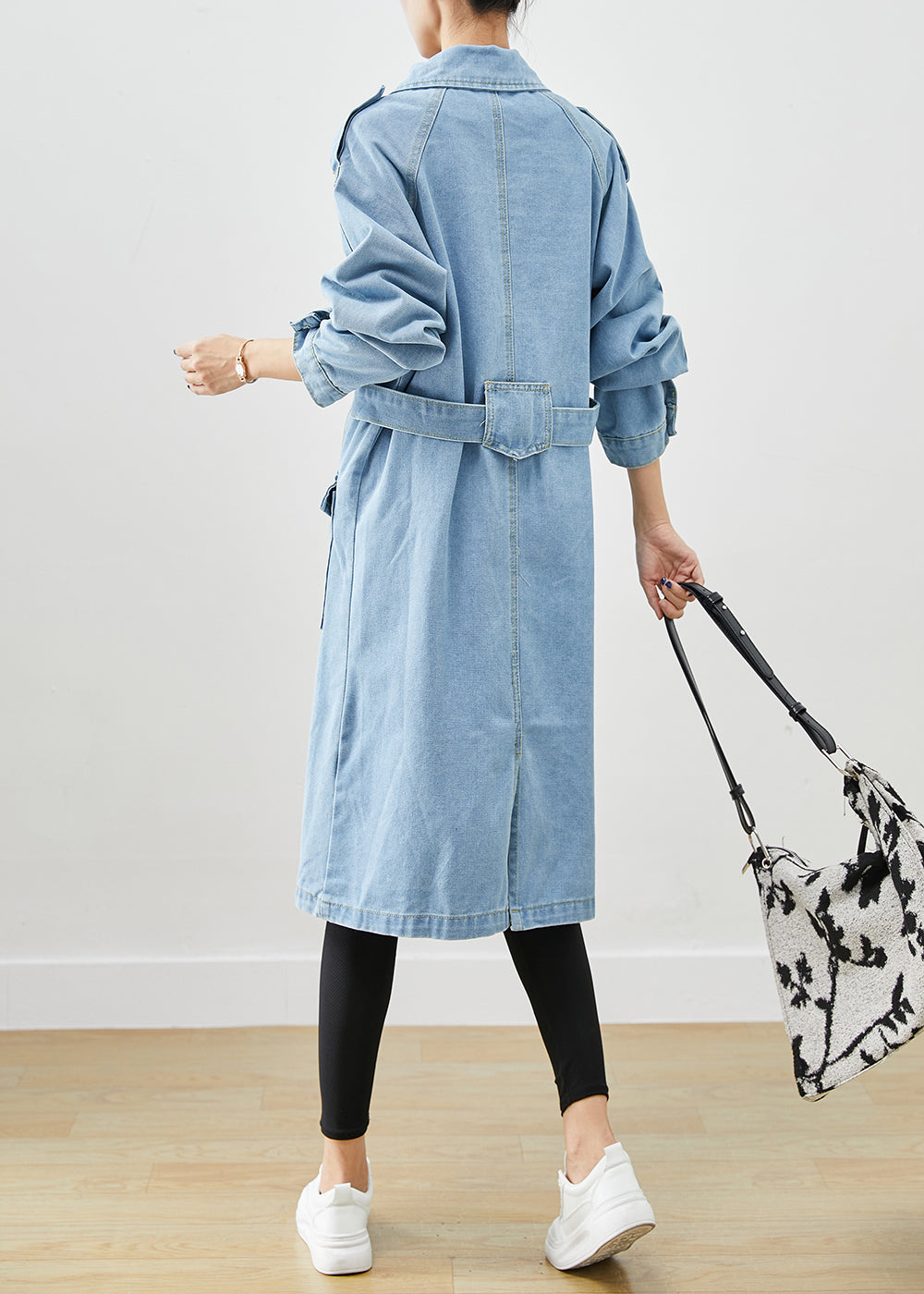 Italian Light Blue Notched Tie Waist Denim Trench Coat Spring