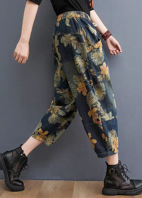 French Navy Elastic Waist Drawstring Pockets Print Denim Pants Spring