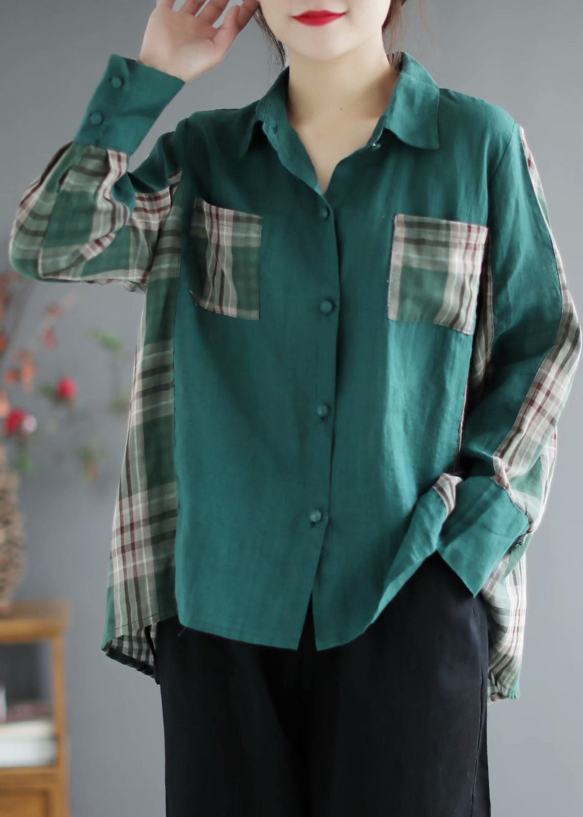 French Green Plaid Patchwork Peterpan Collar Pockets Fall Long Sleeve Tops