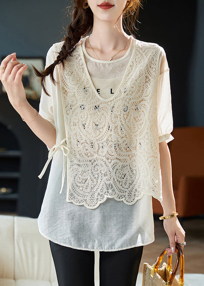 Beige O Neck Lace Patchwork False Two Pieces Chiffon Top Summer