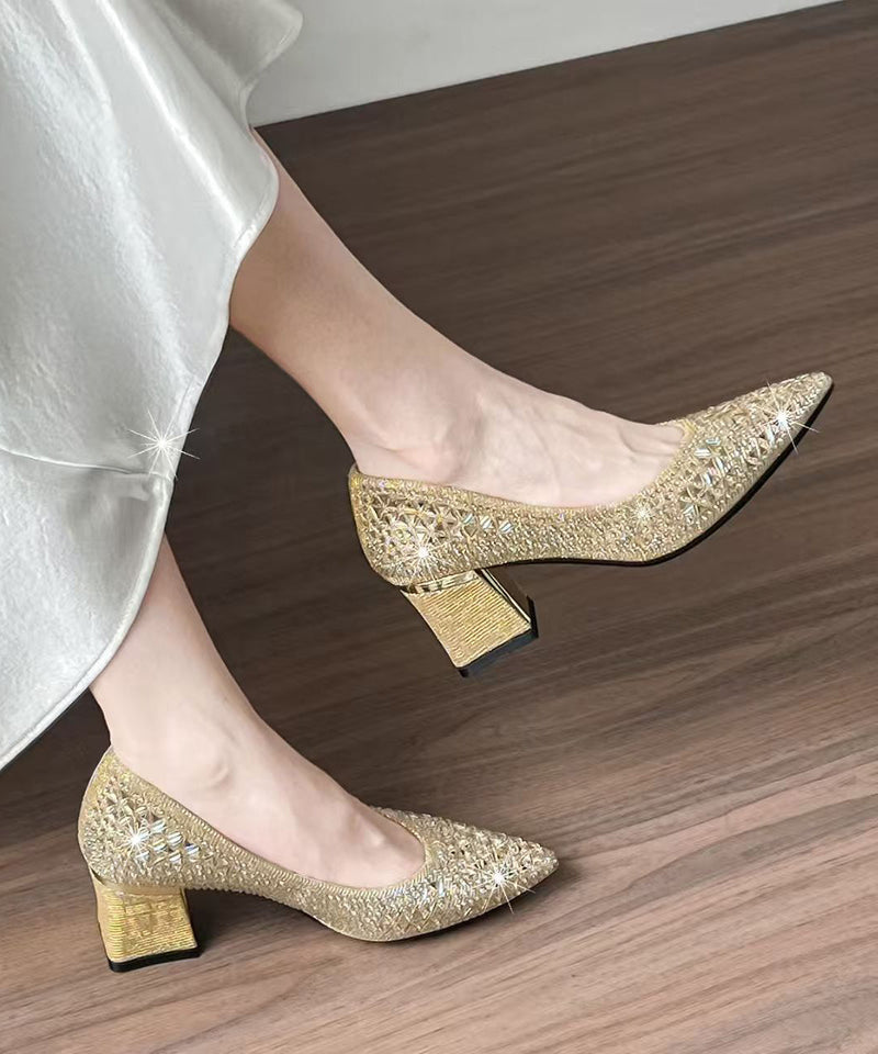 Champagne Sparkly High Heels Chunky Faux Leather Hollow Out High Heels