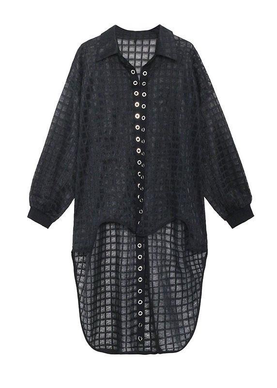 Natural Black Peter Pan Collar Low High Design Long Sleeve Shirt Top Summer