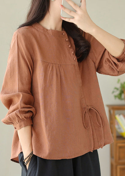 Linen Stand Collar Lace Up Cotton Shirt Top Spring