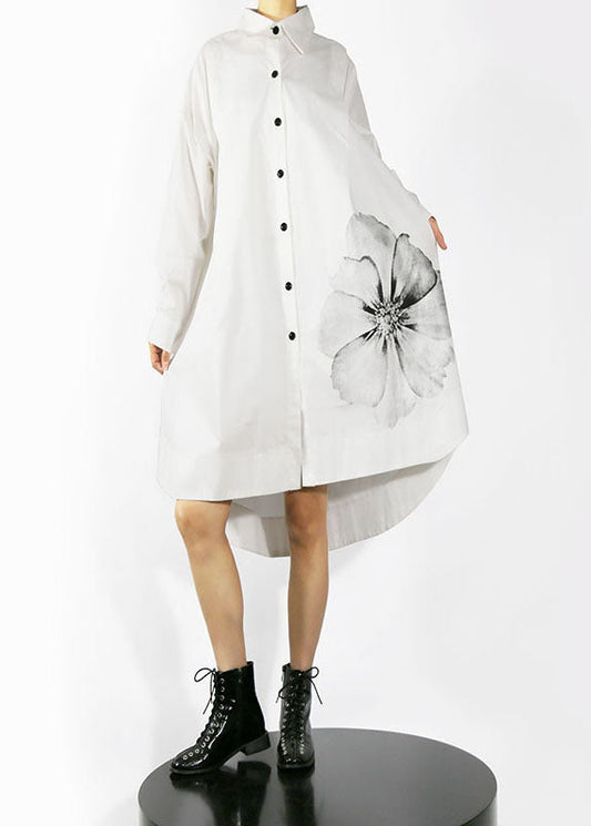 White Loose Shirt Dresses Low High Design Long Sleeve