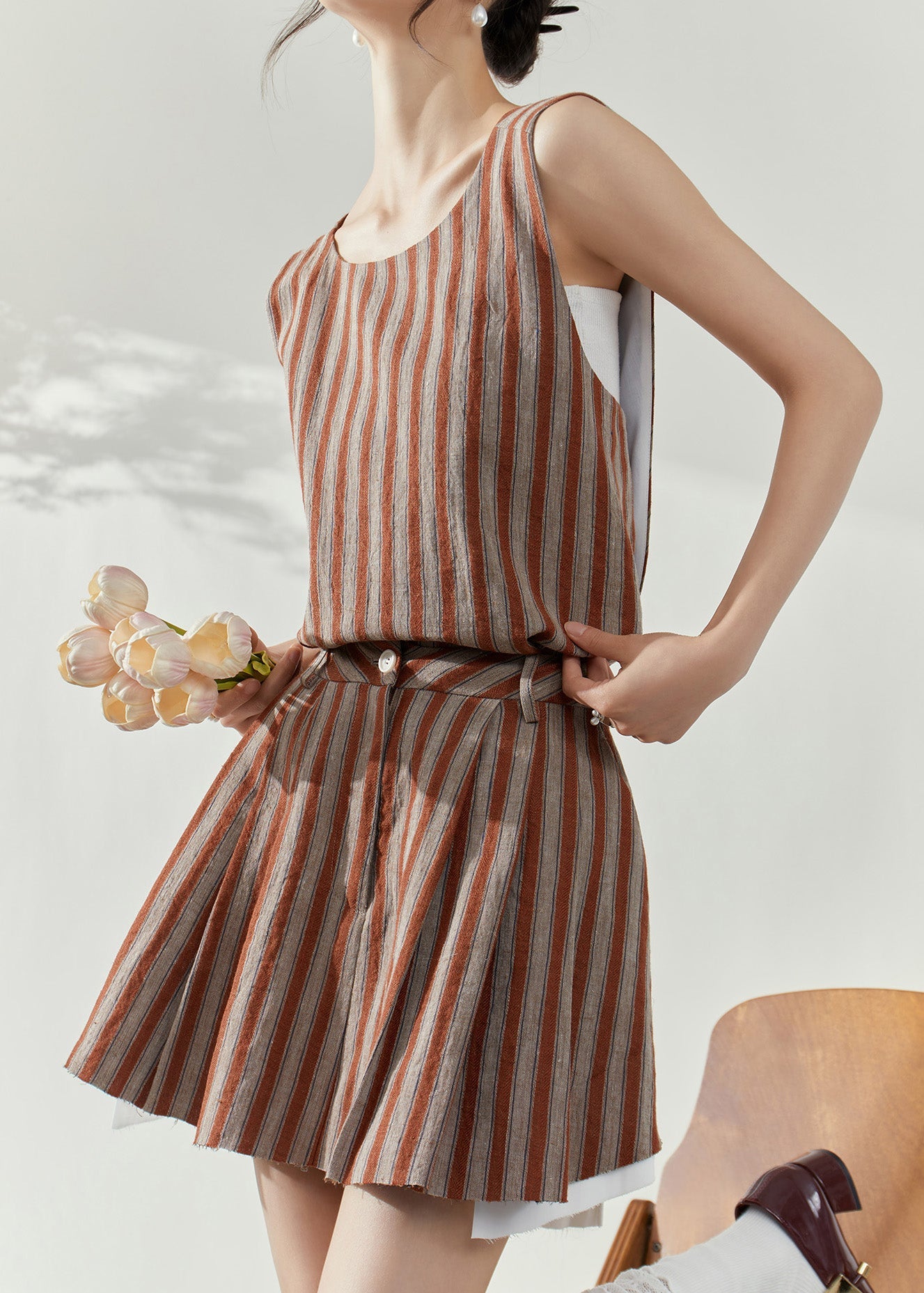 Brown Striped Cotton Top and Skirts Two-piece Set Summer