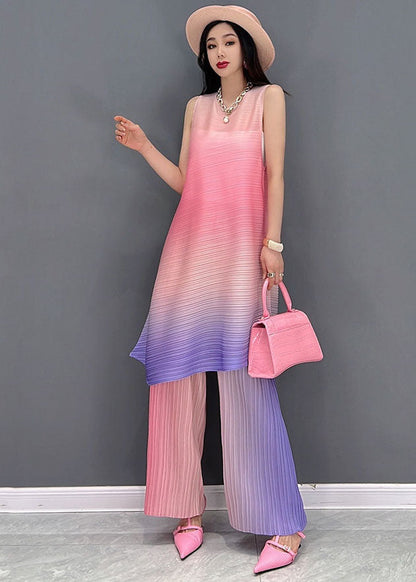 Pink Gradient Color O-neck Wrinkled Linen Two Pieces Set Sleeveless