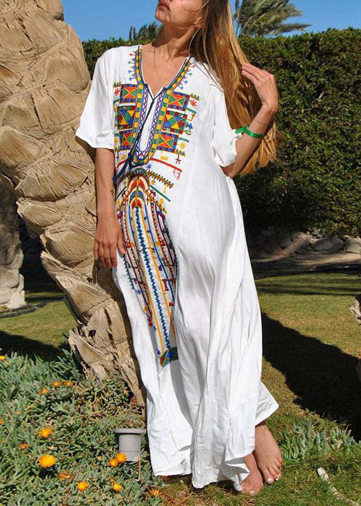 White Embroidered Lace Up Cotton Dresses Summer