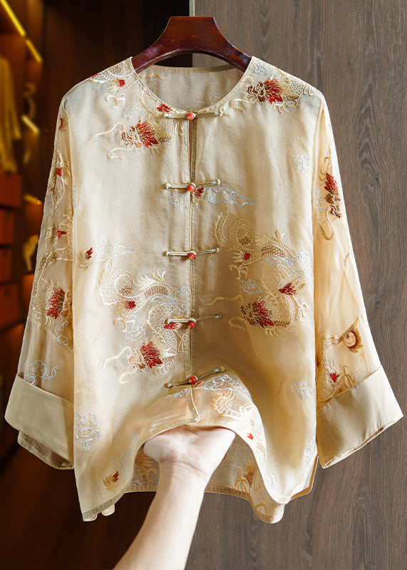 Yellow Embroidered Oriental Button Silk Organza Shirts Top Spring