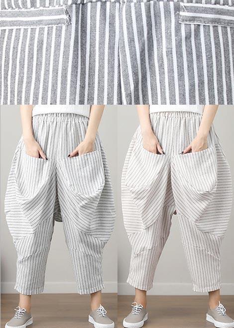 Natural Striped Drop-crotch Cotton Linen Pants Summer