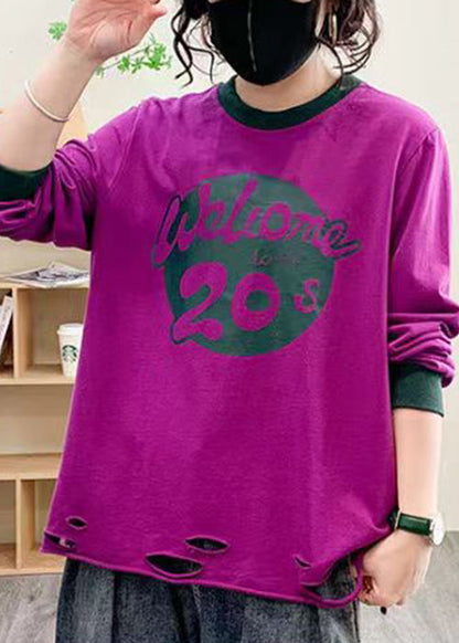 Purple Hole Print Cotton Tops Long Sleeve