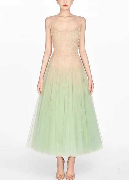 Green Sequins Lace Patchwork Tulle Spaghetti Strap Dress Sleeveless