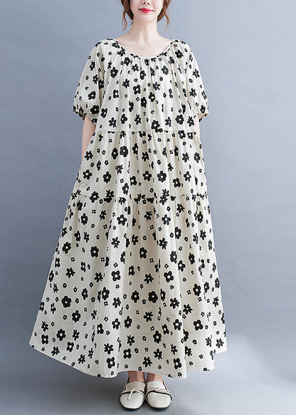 White O-neck Wrinkled Print Beach Dress Short Sleeve