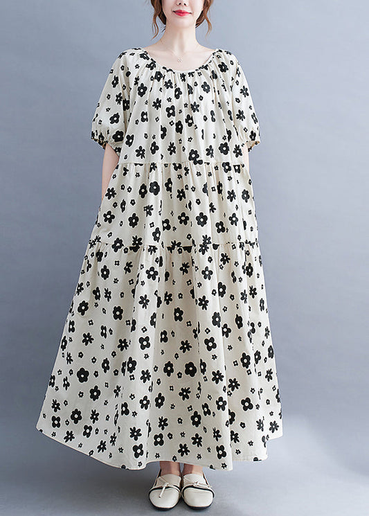 White O-neck Wrinkled Print Beach Dress Short Sleeve