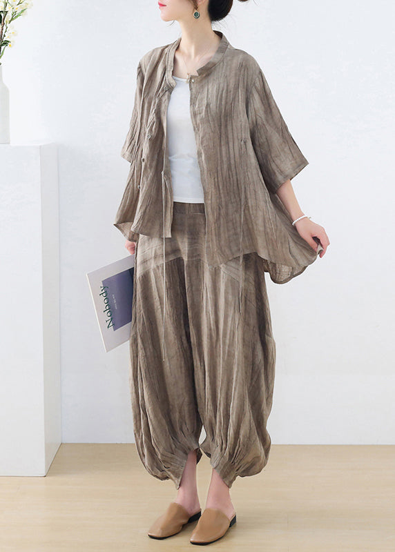 Khaki Asymmetrical Tie Dye Lace Up Linen Two Pieces Set Fall