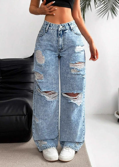 Blue Pockets Patchwork Ripped Wide Leg Jeans