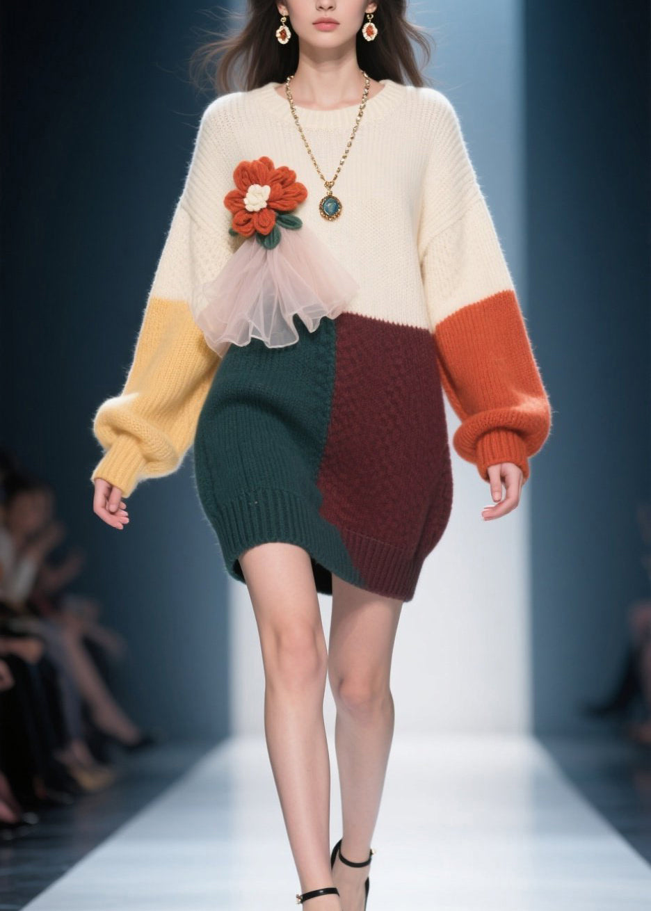Natural Colorblock O Neck Knit Sweater Dress Winter
