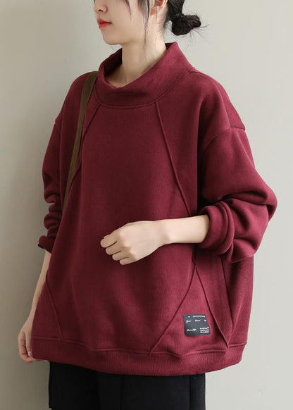 Red Hign Neck Warm Fleece Pullover Sweatshirt Top Winter