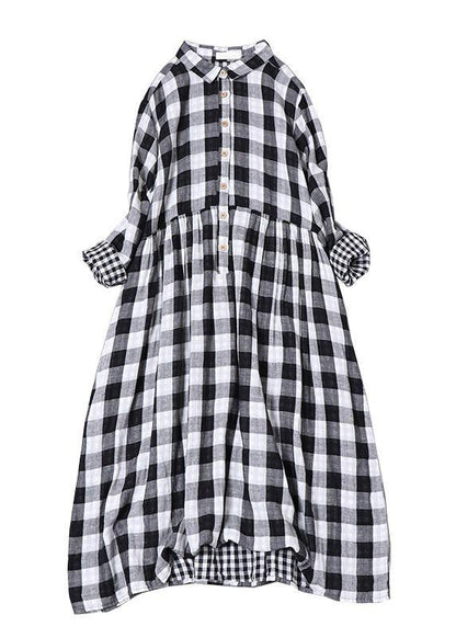 Black White Plaid Peterpan Collar Pockets Button Fall Patchwork Cotton Dresses