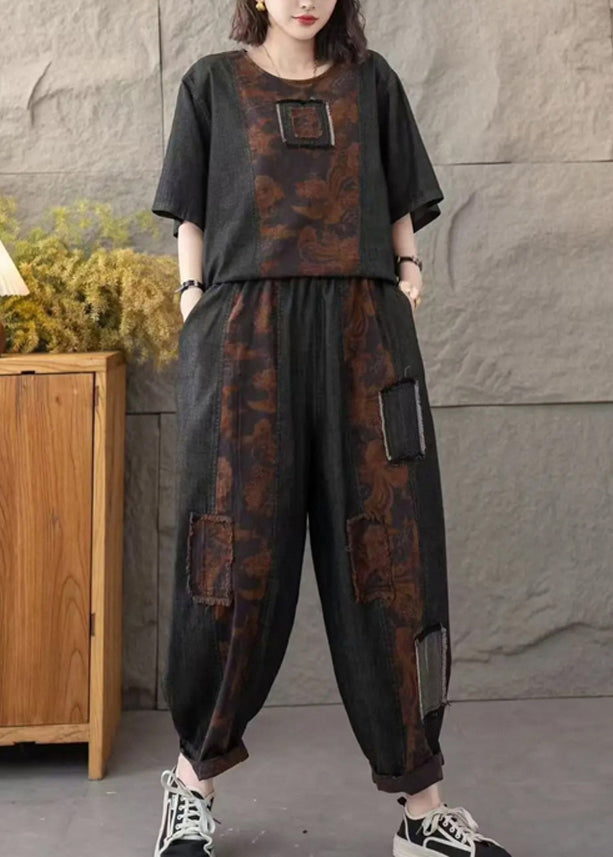 Navy Patchwork Applique Denim Two Pieces Set Oversized Summer