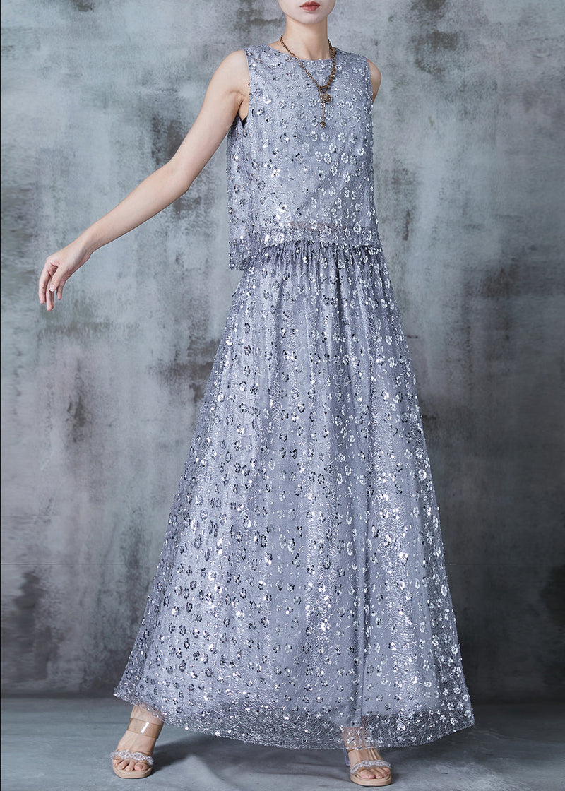 French Grey Sequins Back Lace Up Silk Two Pieces Set Summer