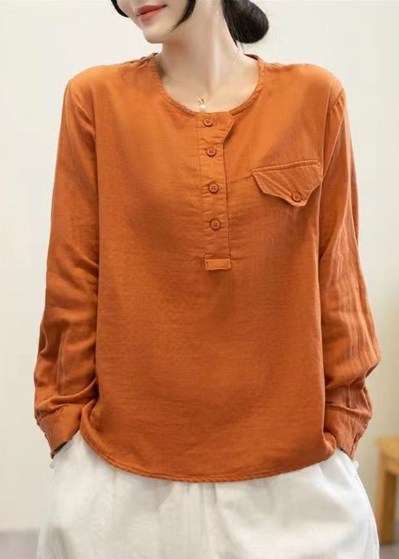 Simple Orange O-neck Patchwork Button Tops Long Sleeve