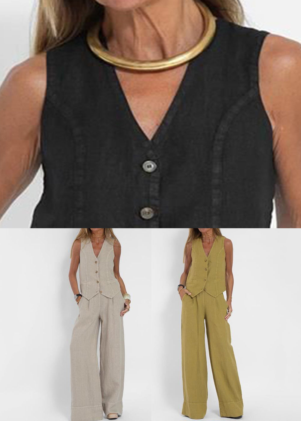 Olive Green Pockets Linen Two Pieces Set V Neck Summer
