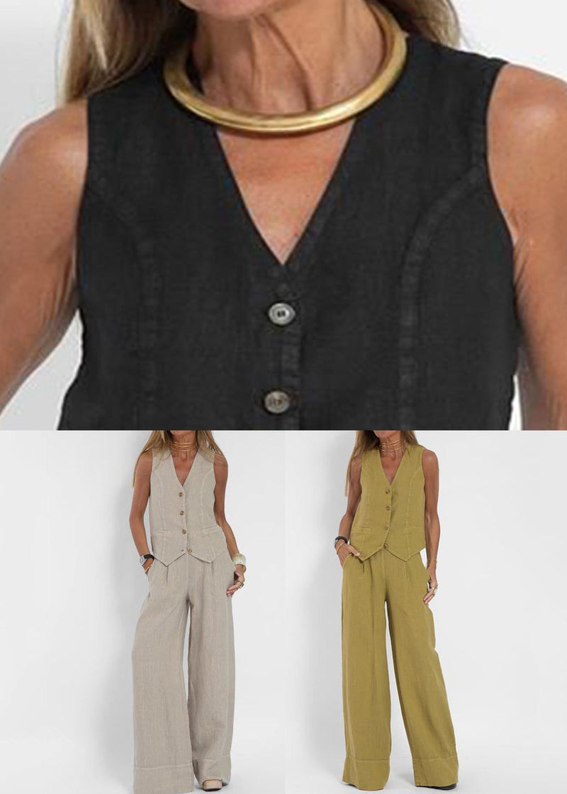 Simple Black Button Waistcoat and Pants Linen Two Pieces Set Summer