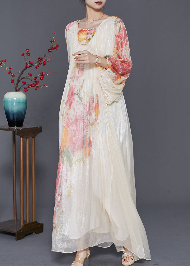 Apricot Oversized Print Chiffon Vacation Dresses Lantern Sleeve