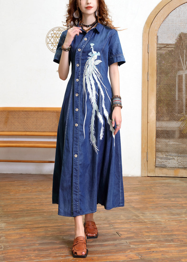 Blue Peter Pan Collar Patchwork Button Long Denim Dress Short Sleeve