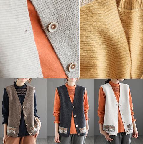 Chunky Khaki Knit Cardigans Spring V Neck Sleeveless Knitted Coat