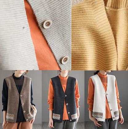 Chunky Khaki Knit Cardigans Spring V Neck Sleeveless Knitted Coat