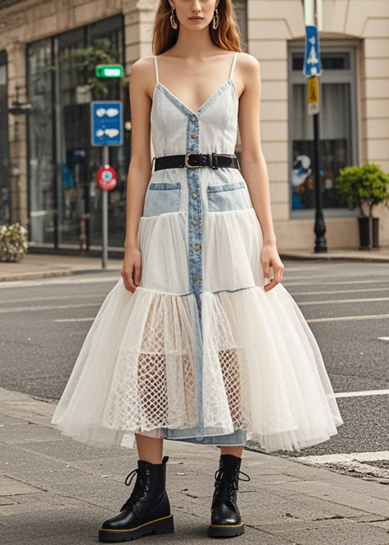 Light Blue Silm Fit Patchwork Tulle Denim Long Dresses Summer