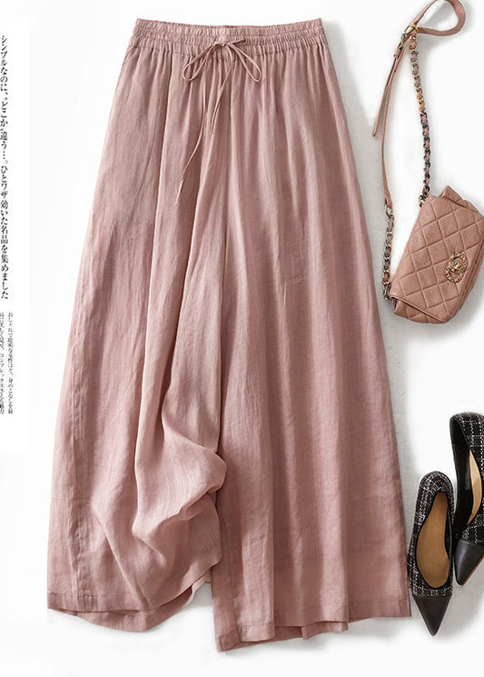 Modern Pink Elastic Waist Linen Wide Leg Pants Summer