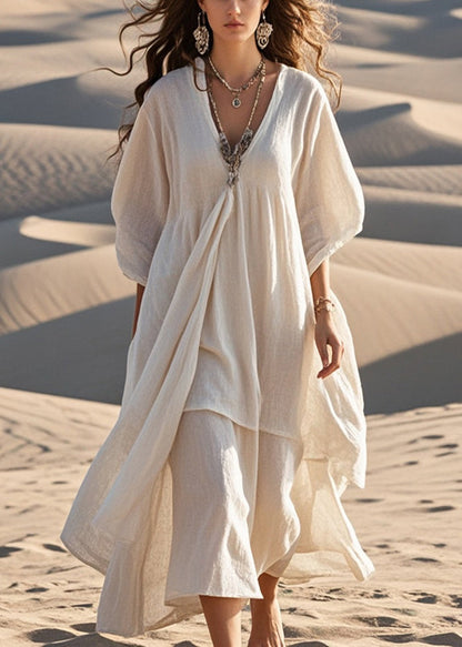 White Cotton Maxi Dresses Asymmetrical Bracelet Sleeve Summer