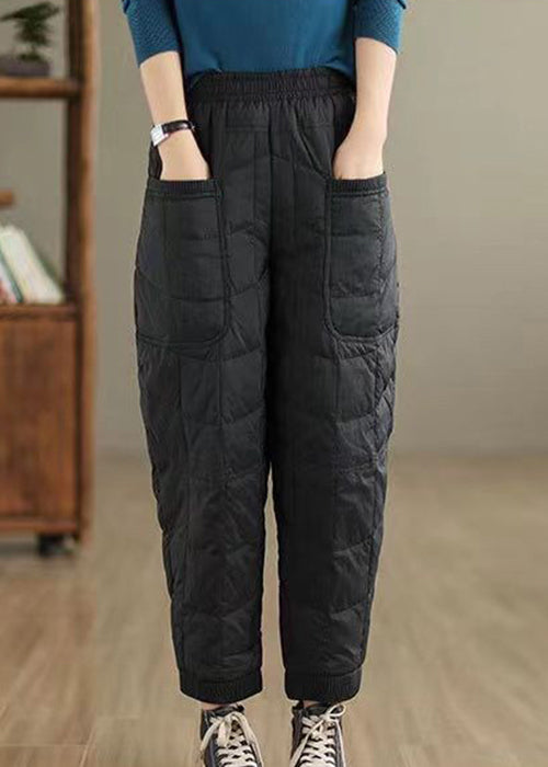 Coffee Plaid Thick Cotton Filled Pants Elastic Waist Winter