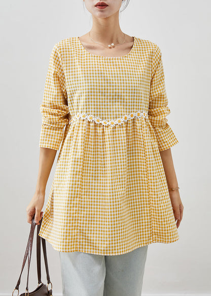 Yellow Plaid Patchwork Daisy Cotton Blouses Fall