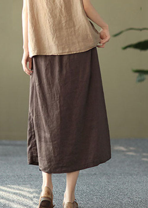 Chocolate Elastic Waist Side Open Linen a Line Skirts Summer