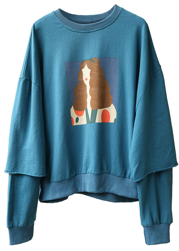 Blue Loose O-neck Print Fall Sweatshirts Top