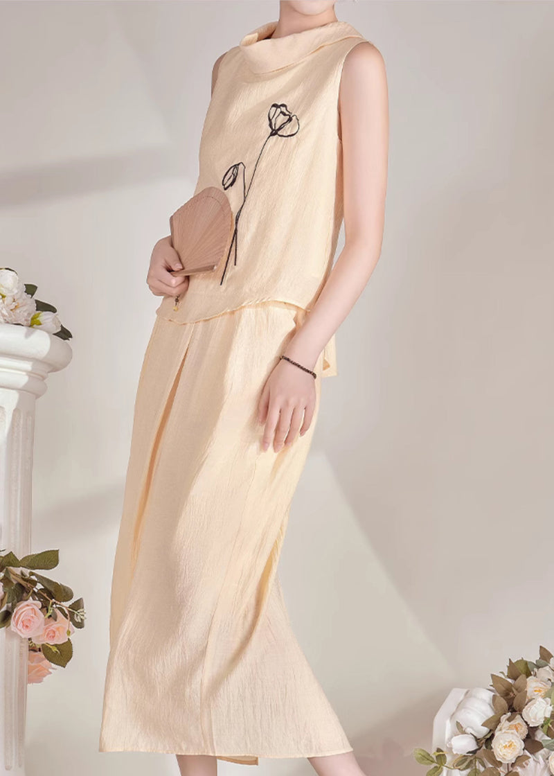 Chinese Style Light Yellow Turtleneck Top and Maxi Skirts Two Pieces Set Summer