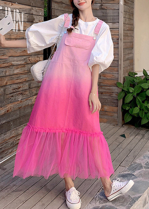 Gradient Color Pockets Tulle Patchwork Denim Strap Dress Sleeveless