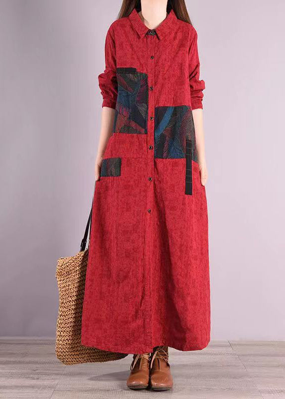 Red Peter Pan Collar Patchwork Cotton Shirts Dress Fall