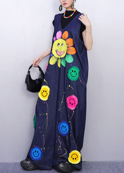 Vibrant Smiley Festooned Blue Denim Jumpsuit Look