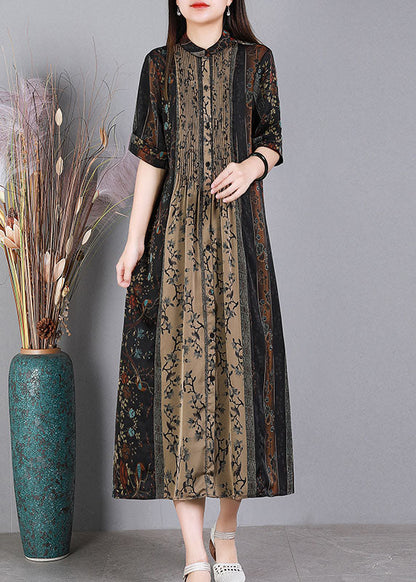 Loose Black O-neck Print Patchwork Wrinkled Silk Party Dress Short Sleeve