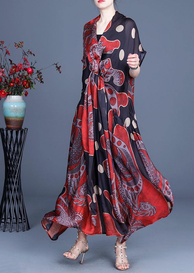 Art Red Dot Print Silk Two Pieces Set Summer Long Dress