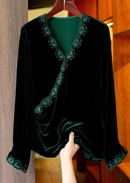 Black V Neck Embroideried Silk Velour Top Long Sleeve