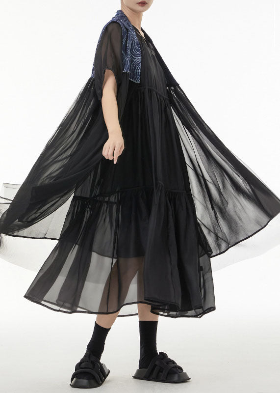 Blue Oversized Denim Patchwork Chiffon Cardigans Sleeveless